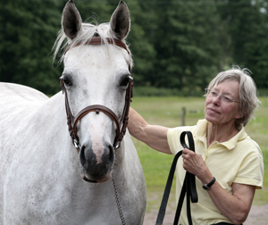 Gudrun Gustavson och Jodie x (25 % ox), sto skimmel född 1998 (e. Blue Grenadier 818 GB – u. Jolene x e. Pargos ox). Uppfödare och ägare: Gudrun Gustavson, Ljungsbro, Östergötland. Foto: Kenth Konradsson, 12 juli 2009.