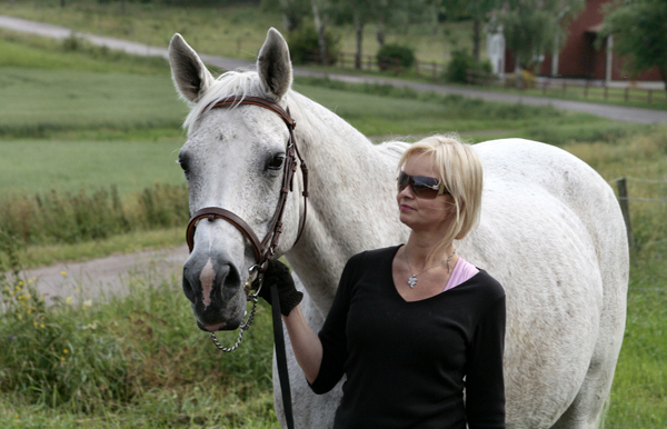 Jolene x (50 % ox), sto skimmel fdd 1983 (e. Pargos ox – u. Miss Forsyte xx  e. Pan DEN). Uppfdare: Charlotta Liljefors, Munga Stuteri. gare: Gudrun Gustavson, Ljungsbro, stergtland.  Vid ledtygeln: Anki Lundberg. Jolene har lmnat avkomman Jodie (25 % ox) fdd 1998 (e. Blue Granadier xx 818 GB). Foto: Kenth Konradsson, juli 2009.
