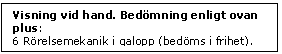 Textruta: Visning vid hand. Bedmning enligt ovan plus:
6 Rrelsemekanik i galopp (bedms i frihet).
